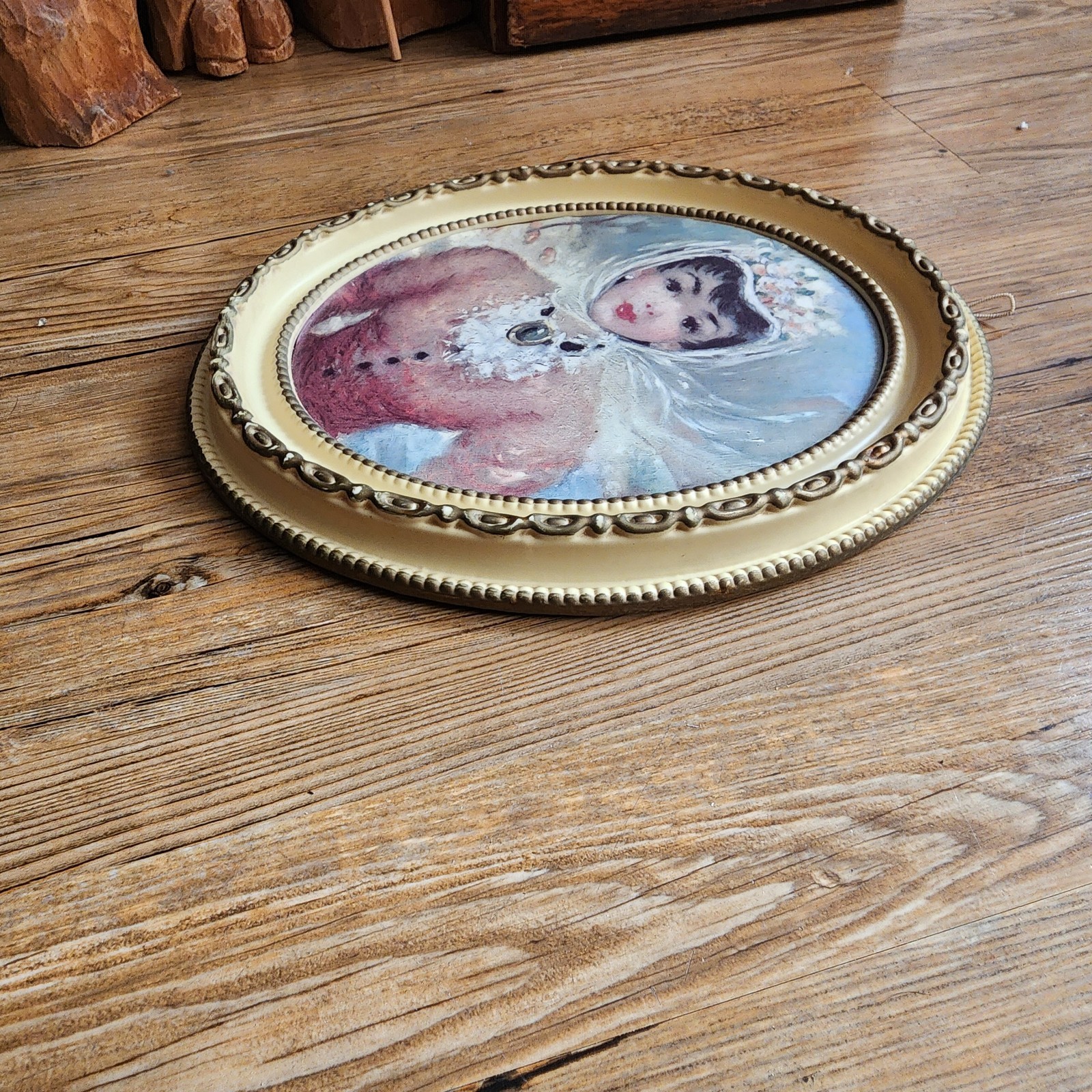 Vintage Oval Ornate Debutante Framed Pair of Lady Prints Wall Plaque 1950s-60s