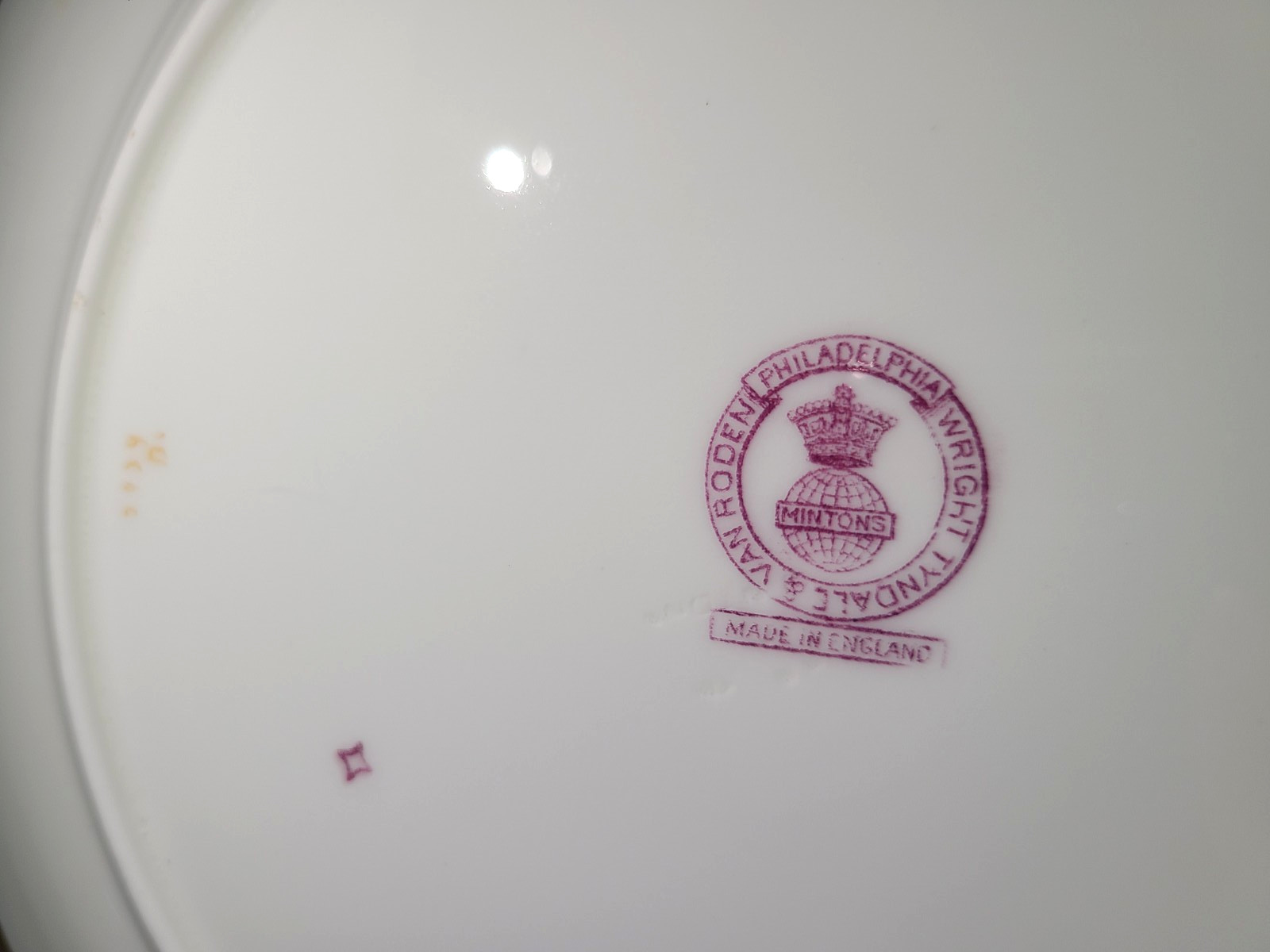 Antique Minton Cuckoo floral pattern scalloped edge dinner plate, MARKING