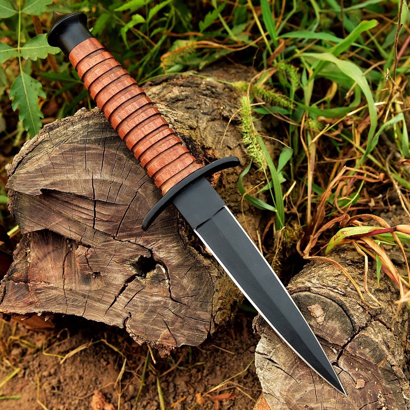 Vintage Handmade Double-Edged V42 Military Stacked Wood Stiletto Dagger Knife