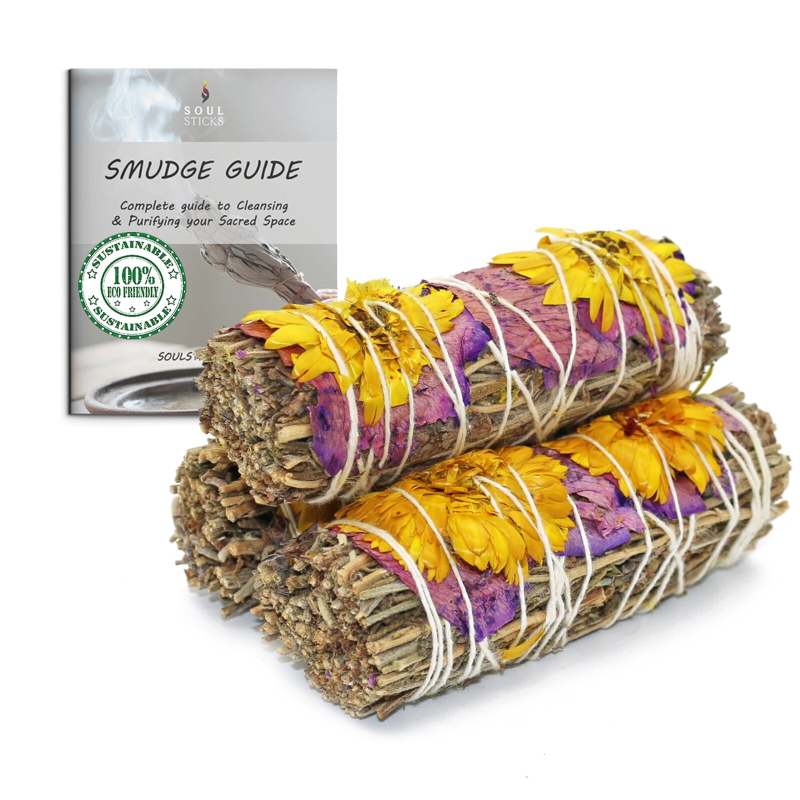 3 Pack Evelyn Lavender Floral White Sage Smudge Sticks with Flowers and Guide
