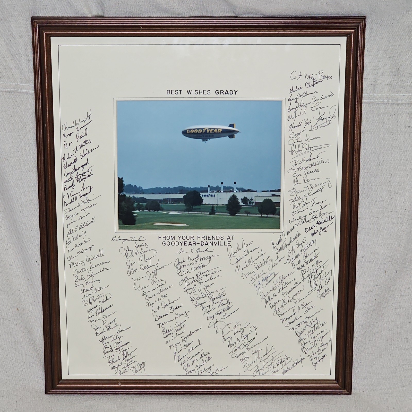 Goodyear Danville Framed Blimp Plant Photo Employee Signed 1999 21.5×17.5 Inches