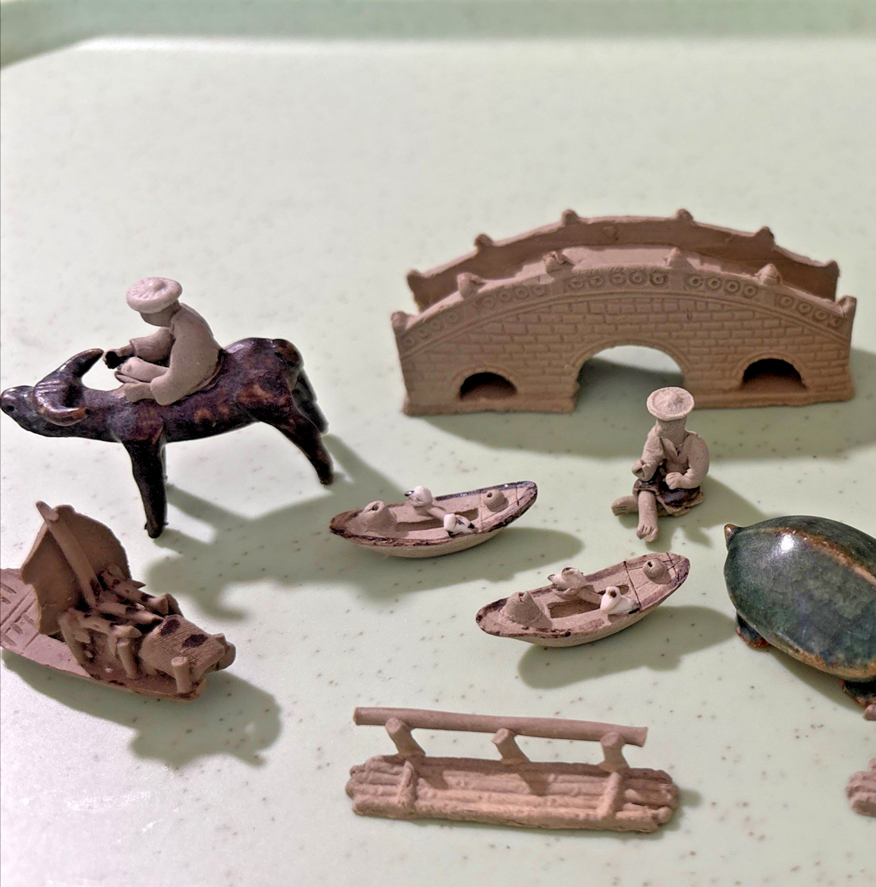 11 Bonsai Miniature Figures Lot Mudmen Glazed/unglazed Pagoda Turtle Bridge Etc