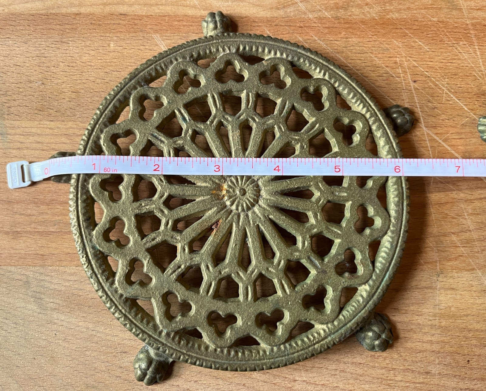 Vtg Solid Brass Trivets (2) Gothic Rosette Lion Paw Feet 1960s US 6” Approximate