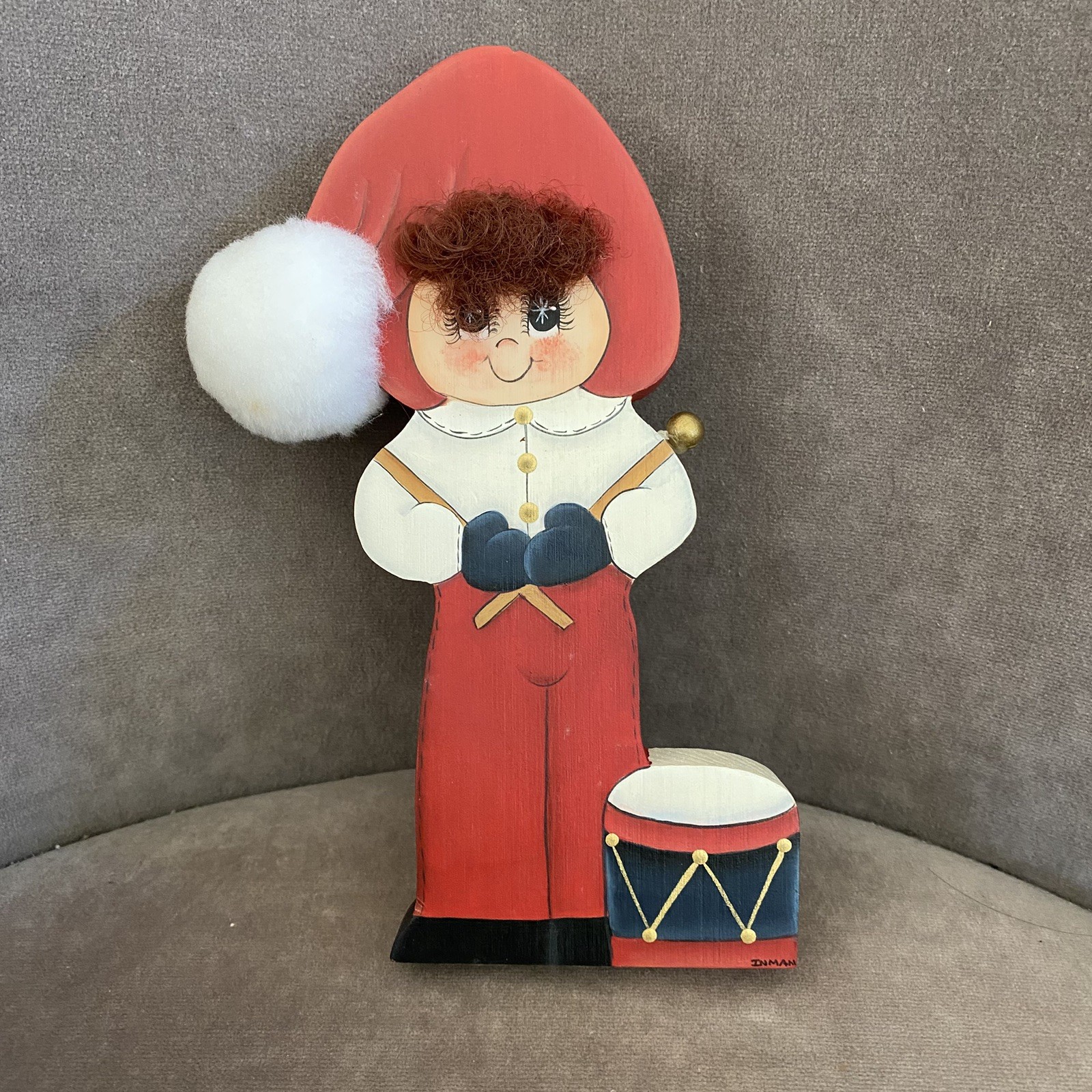 Vintage Wooden Drum Boy with Santa Hat Holiday Decor 7.5″ Folk Art