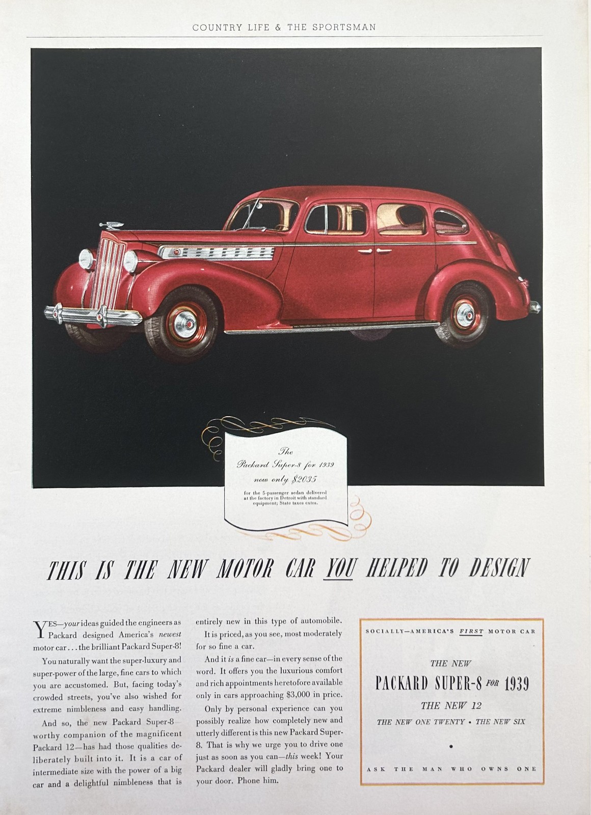 1938 Ad (9 3/4 X 13 1/4 inches) 1939 Packard Super-8 4-Door 5-Passenger Sedan