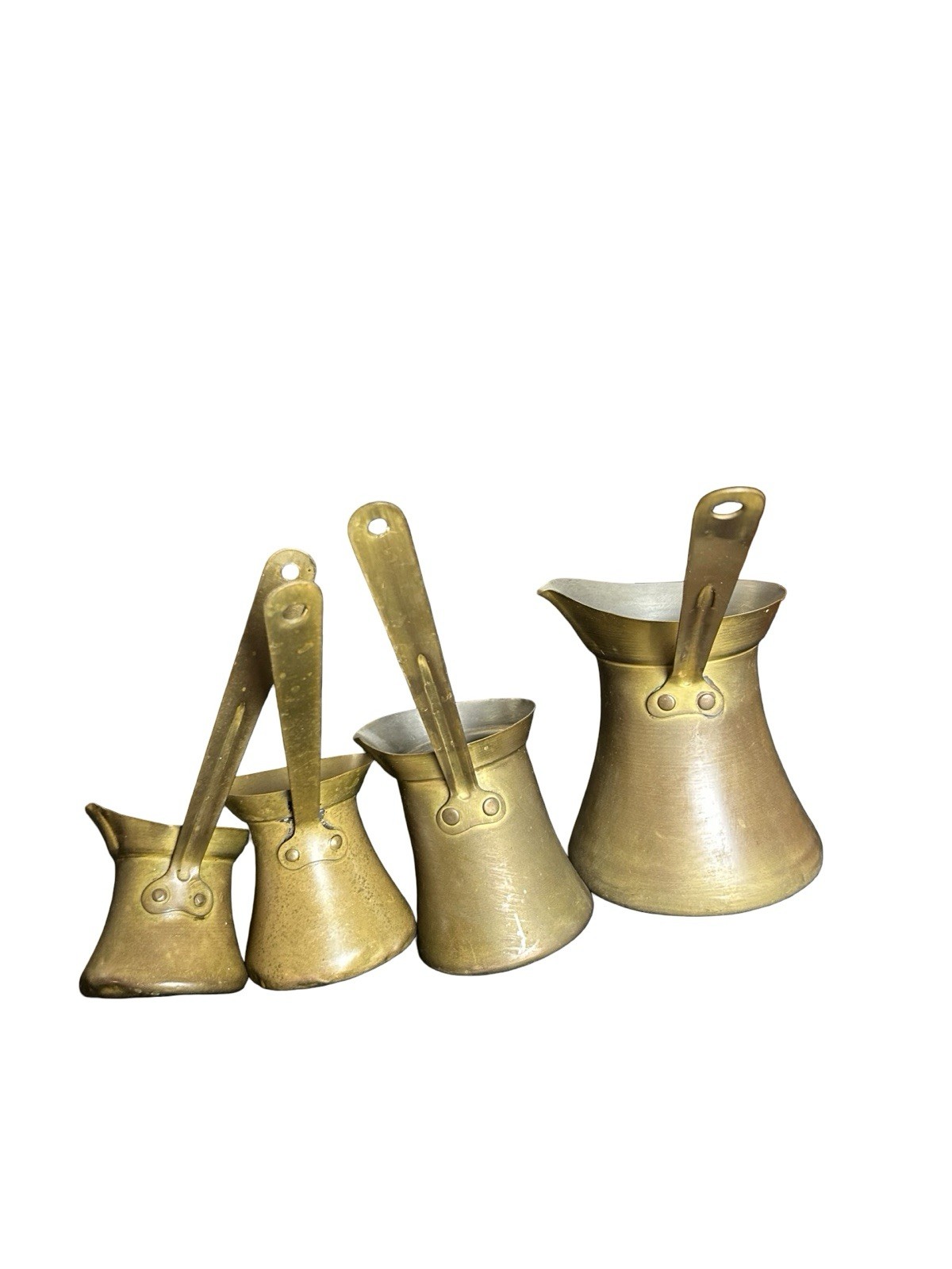 Lot of 4 Brass Middle Eastern Turkish Coffee Cezves Variety Of Sizes READ DESCR.