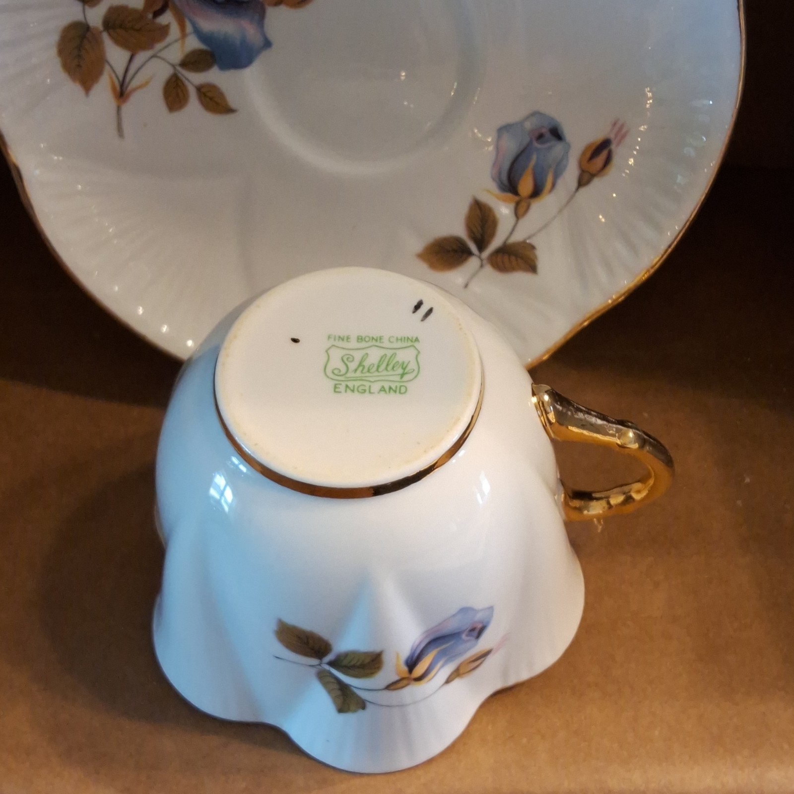Shelley Blue Roses Painted Trio Fine Bone China England