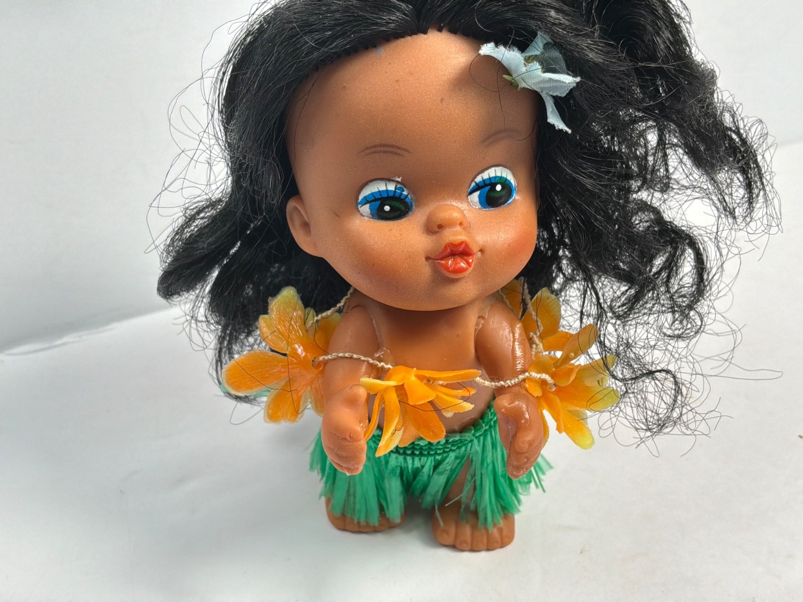 Vintage Hawaiian Hula Girl Doll 5″ Big Eyes Vinyl Souvenir Hong Kong 1960s