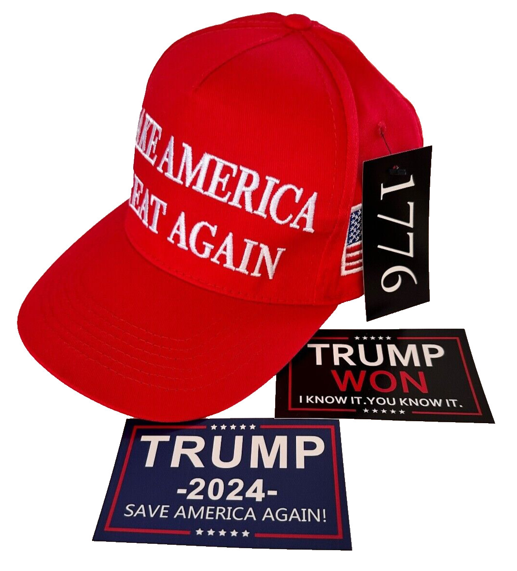 Donald Trump 45-47 MAGA Hat – Red + 2 – Stickers – Official 1776 Shirt Company