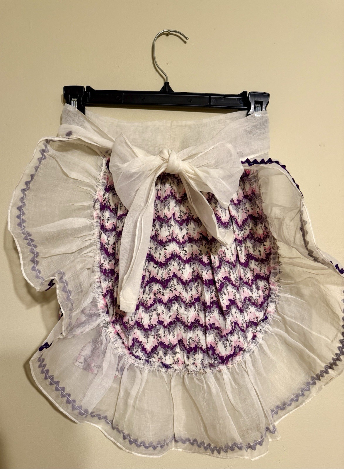 Vtg 50s Cotton Organdy Hostess Half Apron Ruffles Pink Purple Ric-rac Bow Retro