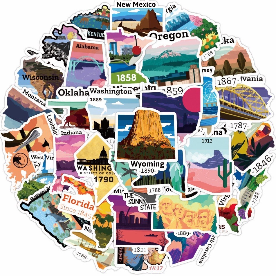 50 Pcs US State Stickers USA Map Stickers Outdoor Travel Hiking Stickers