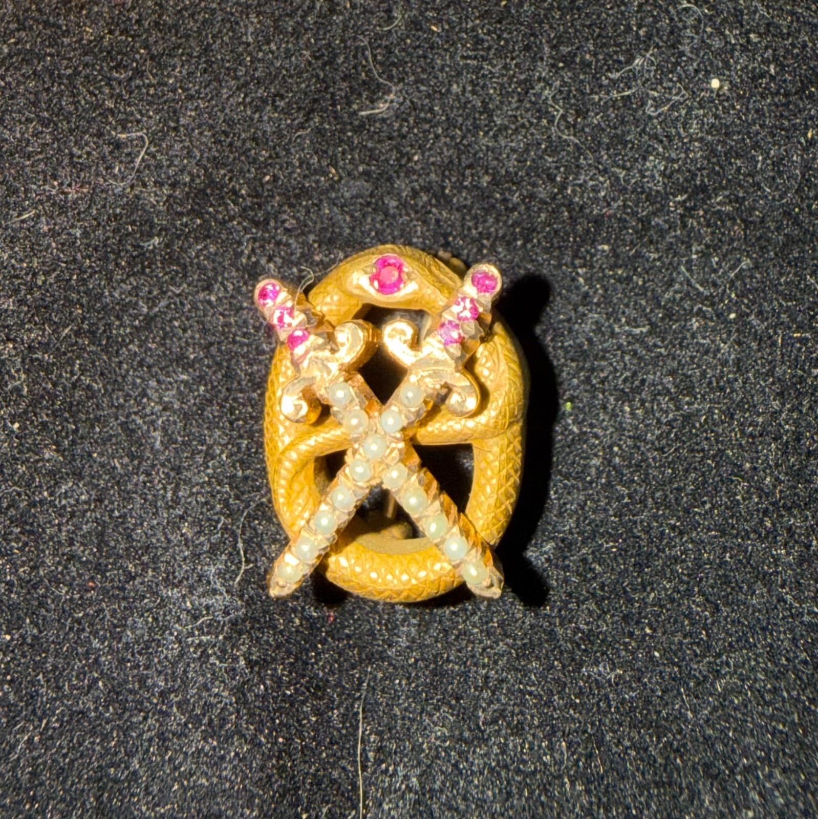 1949 Vintage Gold Theta Chi Snake & Sword Fraternity Pin Gold, Rubies and Pearls