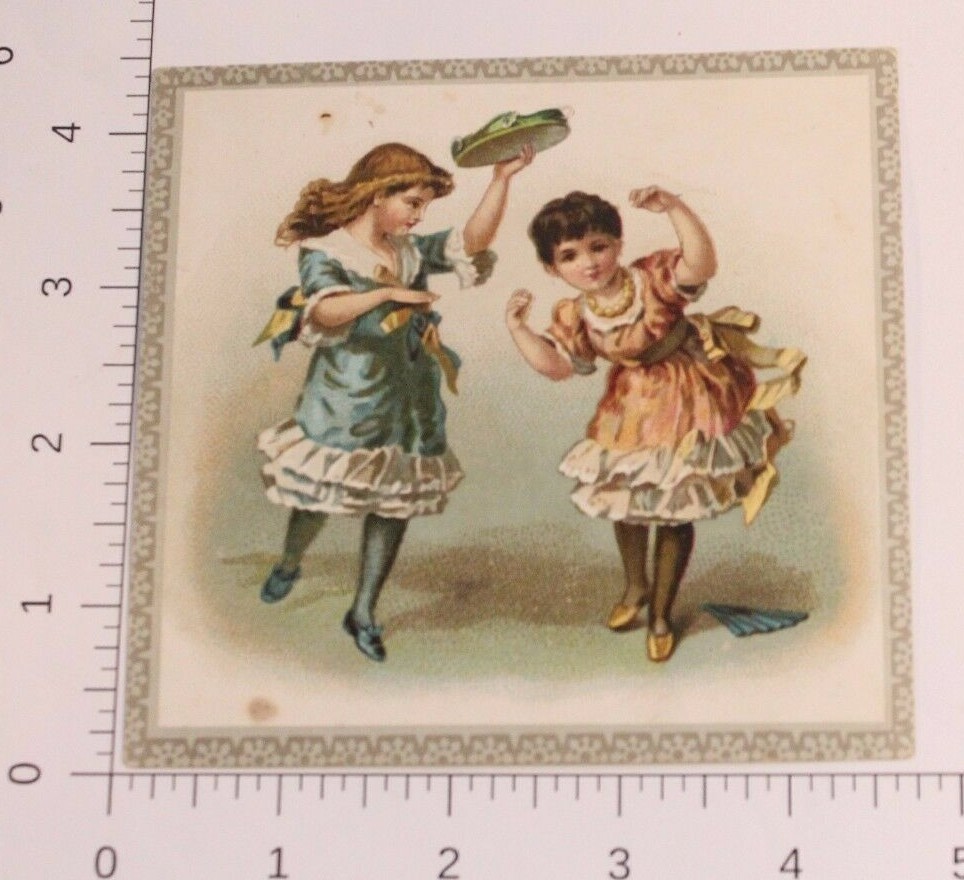 Victorian Trade Card Two Girls In Dresses Dancing VTC 4