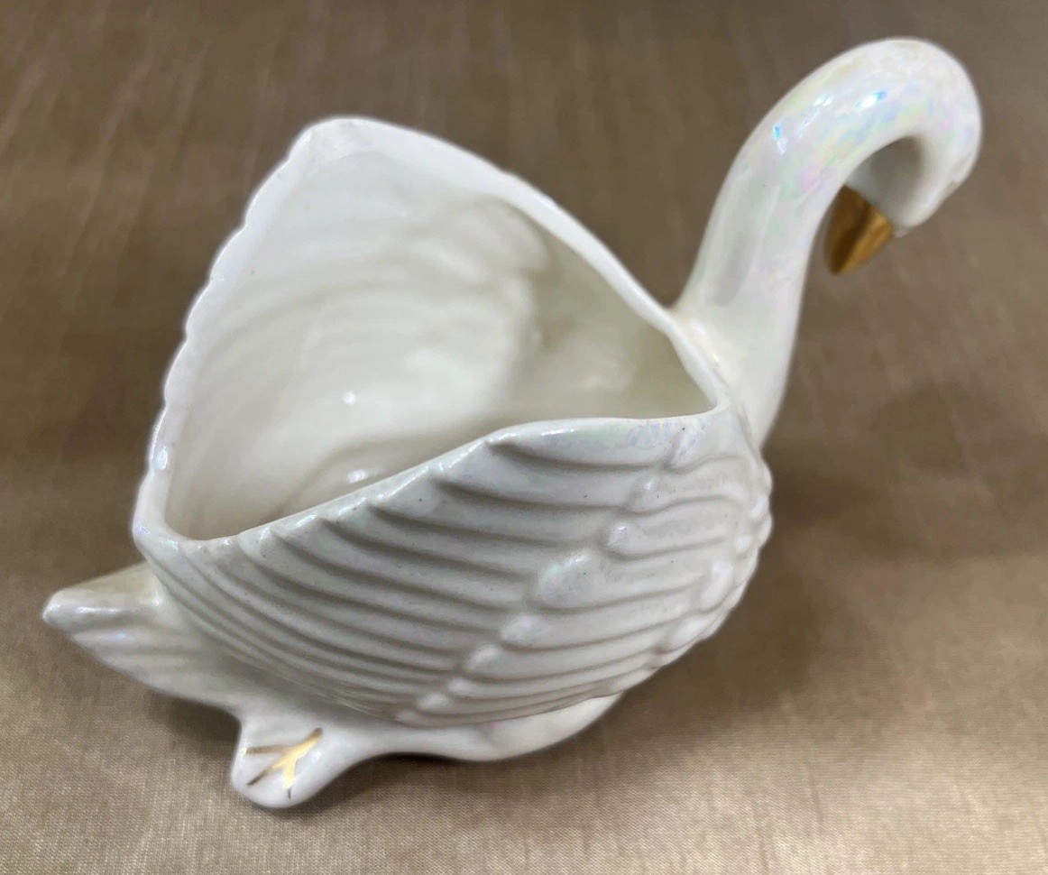 Vintage Iridescent MCM Swan Planter with Gold Beak & Feet Bottom Stamped “435”