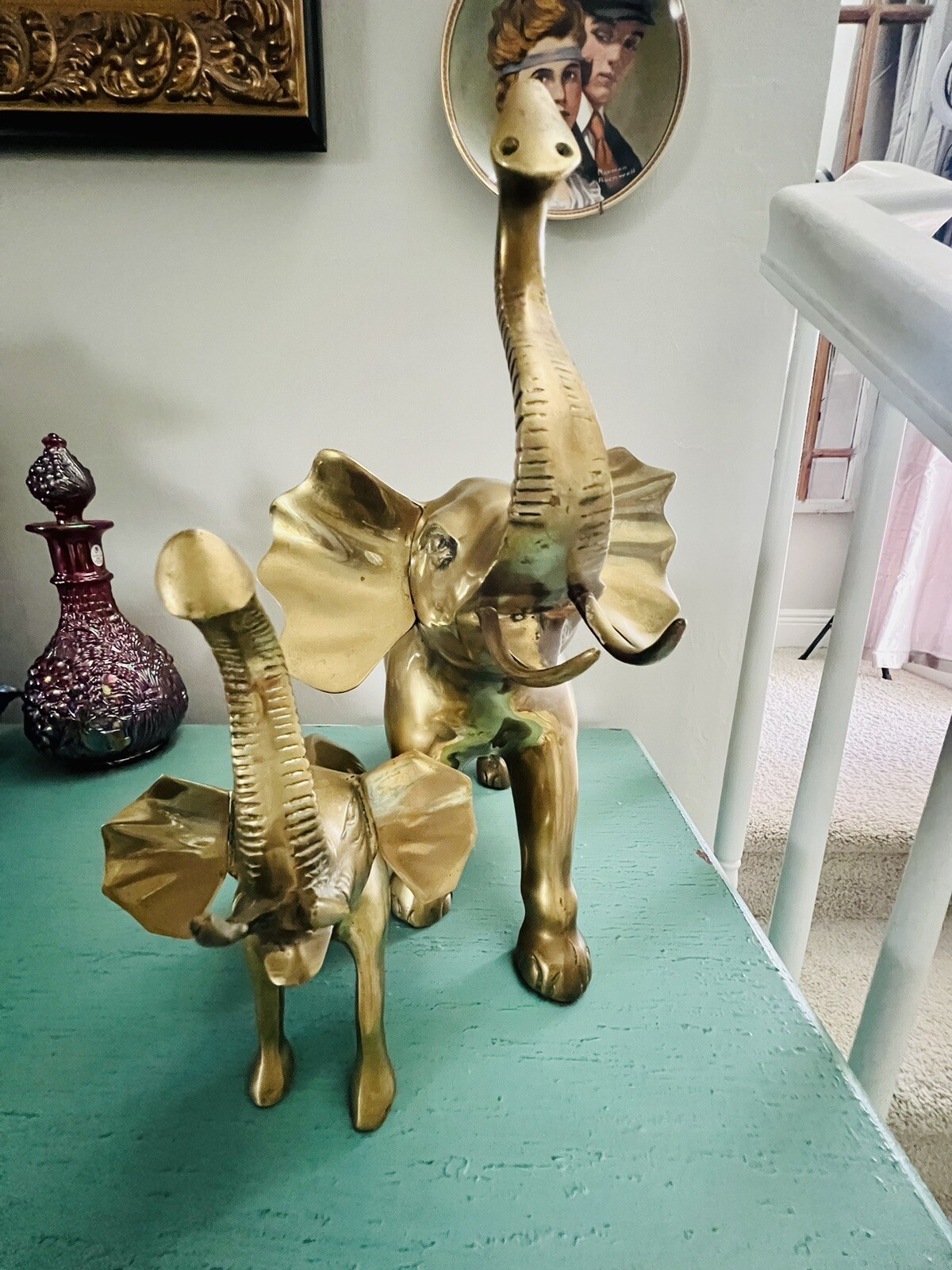 Set 2 Vintage Large & Small Lucky Brass Elephants Figure Statue Sculpture Korea