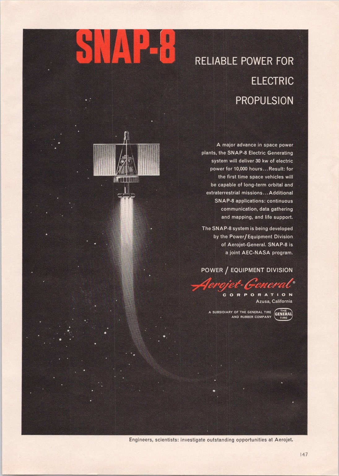Aerojet-General SNAP-8 Space Propulsion Vintage Print Ad NASA AEC 1962
