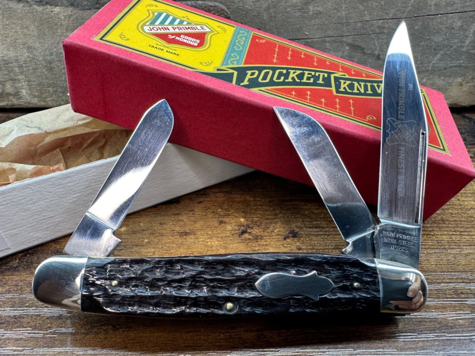 John Primble knife Dark Brown Bone Stockman 1987 India Steel Works