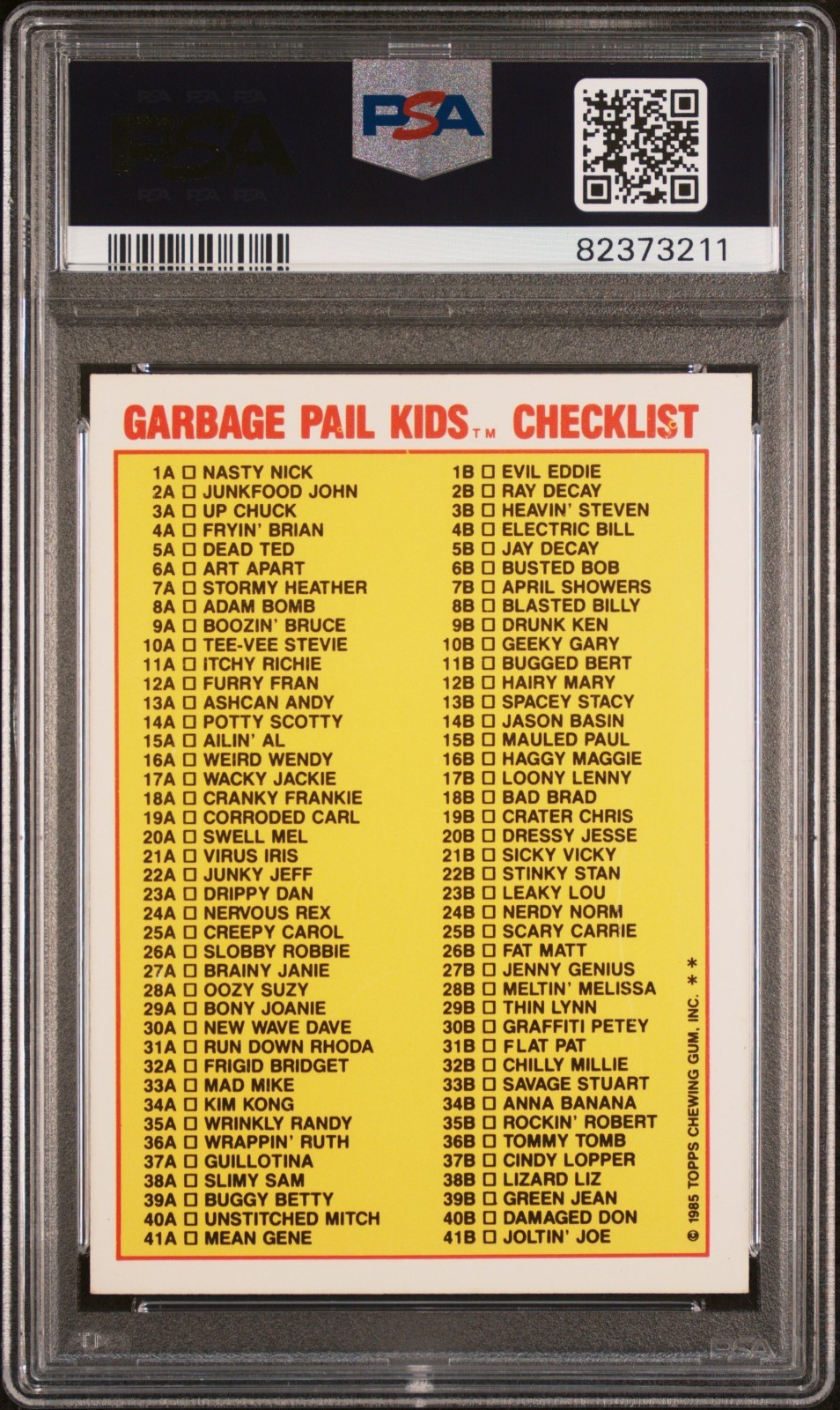 Topps OS1 Garbage Pail Kids Series 1 BLASTED BILLY 8b CHECKLIST GLOSSY PSA 7