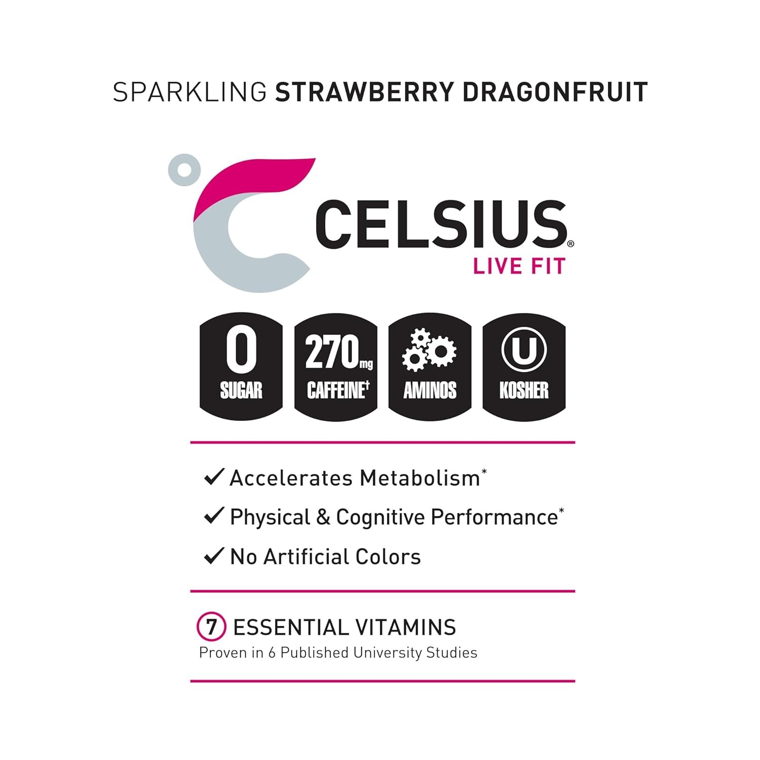 CELSIUS ESSENTIALS Sparkling Dragonberry, Sugar Free 16 Fl Oz (Pack of 12)