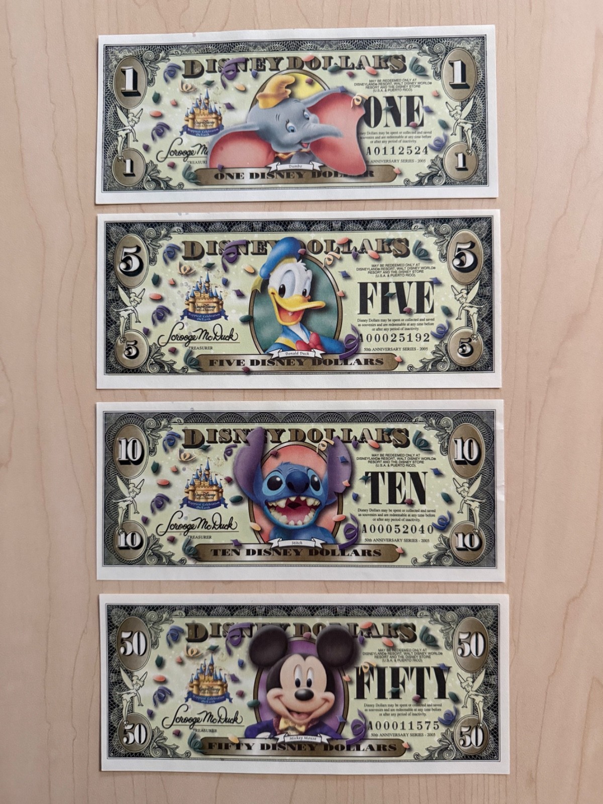 2005 (A) Disney 50th Anniversary Uncirculated Set $1 $5 $10 & The $50 Mickey!