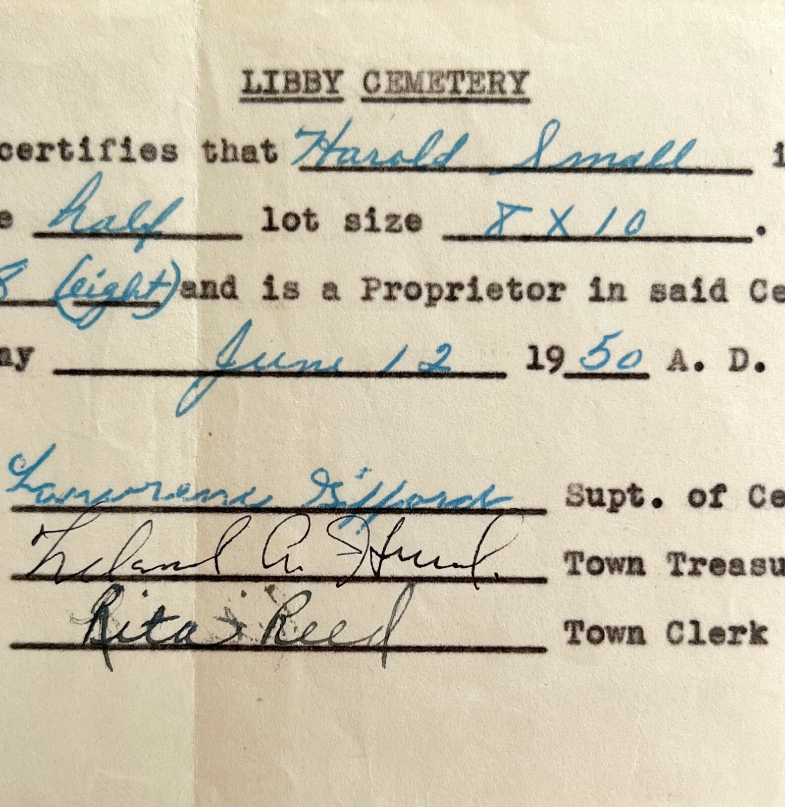 Libby Cemetery Plot Certificate Signed Official 1950 Harmony Maine DWS9A