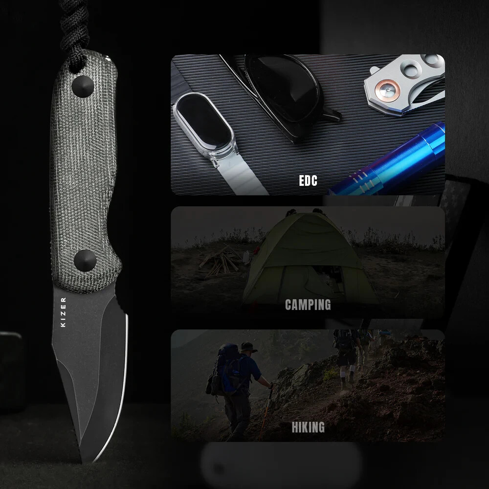 Kizer Cutlery Drop Bear Fixed Knife 2.63″ Black AEB-L Steel Blade Micarta Handle