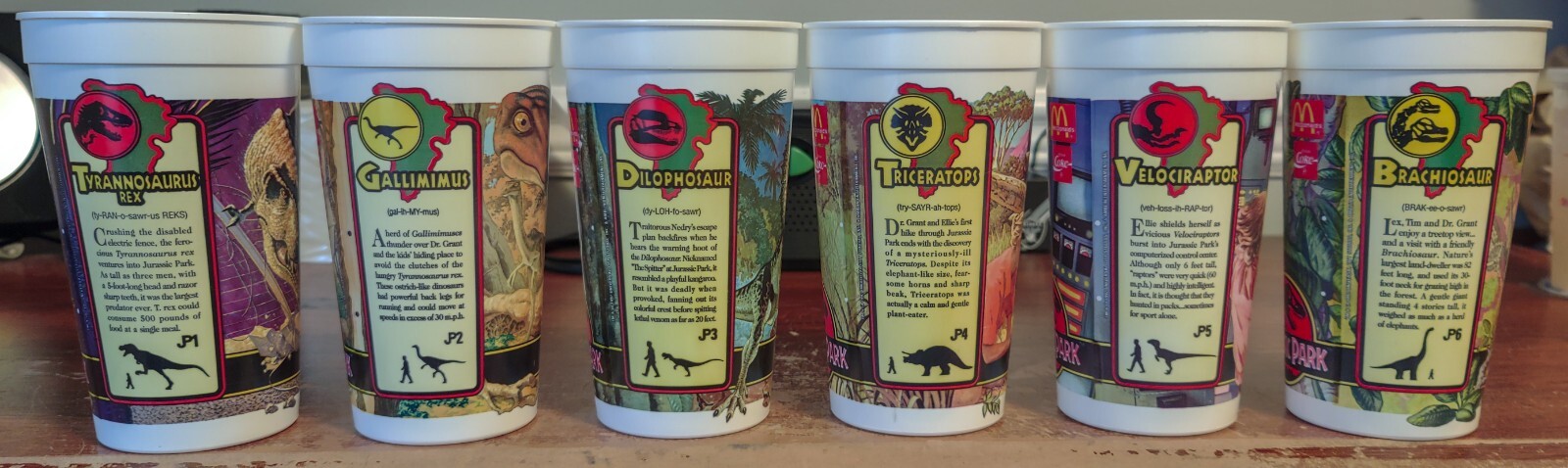 6 Jurassic Park McDonald’s Dinosaur Collector Cup Cups Lot Complete Set 1992