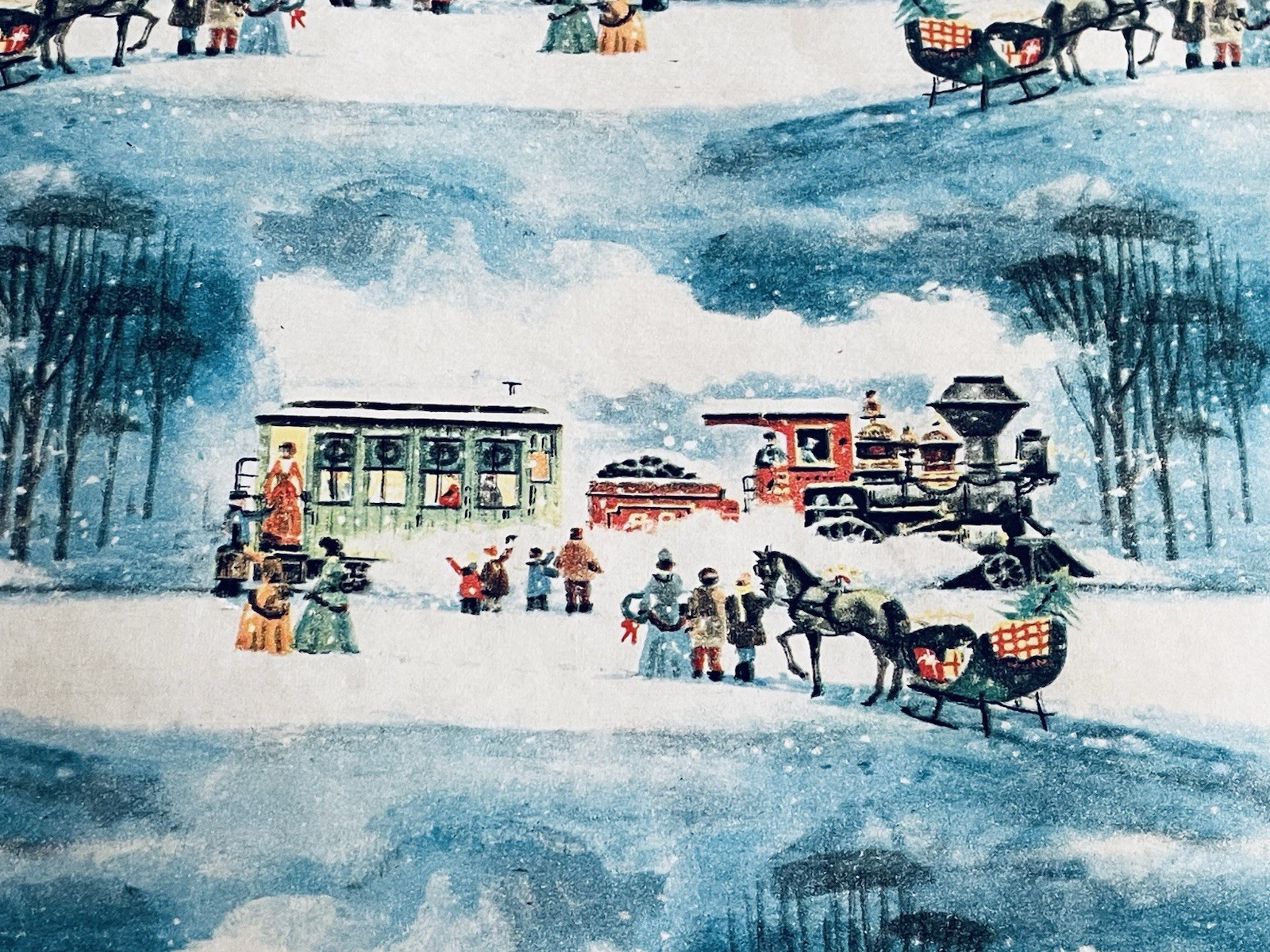 VTG CHRISTMAS WRAPPING PAPER GIFT WRAP SLEIGH TREE TRAIN WINTER SCENE GORGEOUS