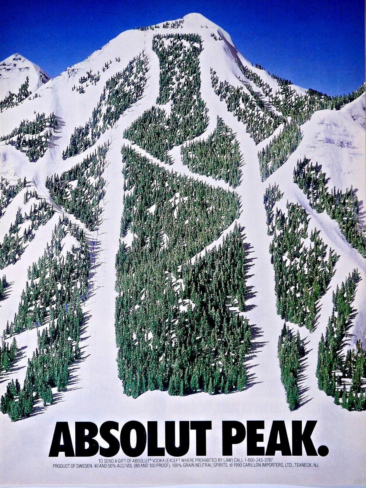 Absolut PEAK Vintage 1990 Vodka Ski Slope Original Print Ad 8.5 x 11″