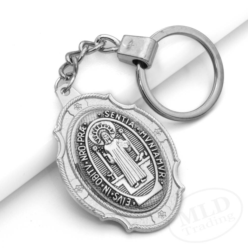 St Benedict Medal Keychain Large Silver Pendant Zinc Alloy Religious Key Ring