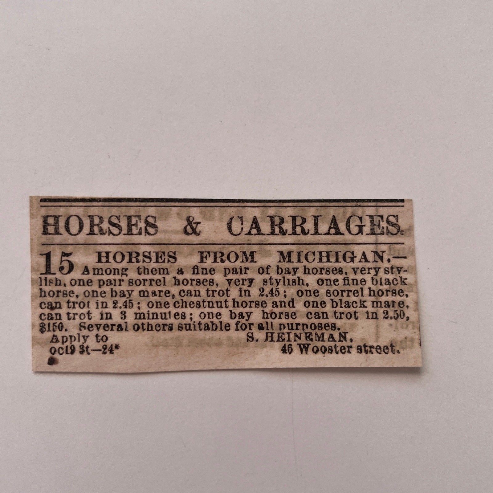 Horses & Carriages From Michigan S Heineman 1869 NY Clipping SAJ7-S105