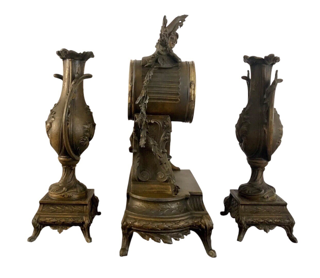 Antique French Spelter/Bronze & Marble Mantel Clock With Garnitures