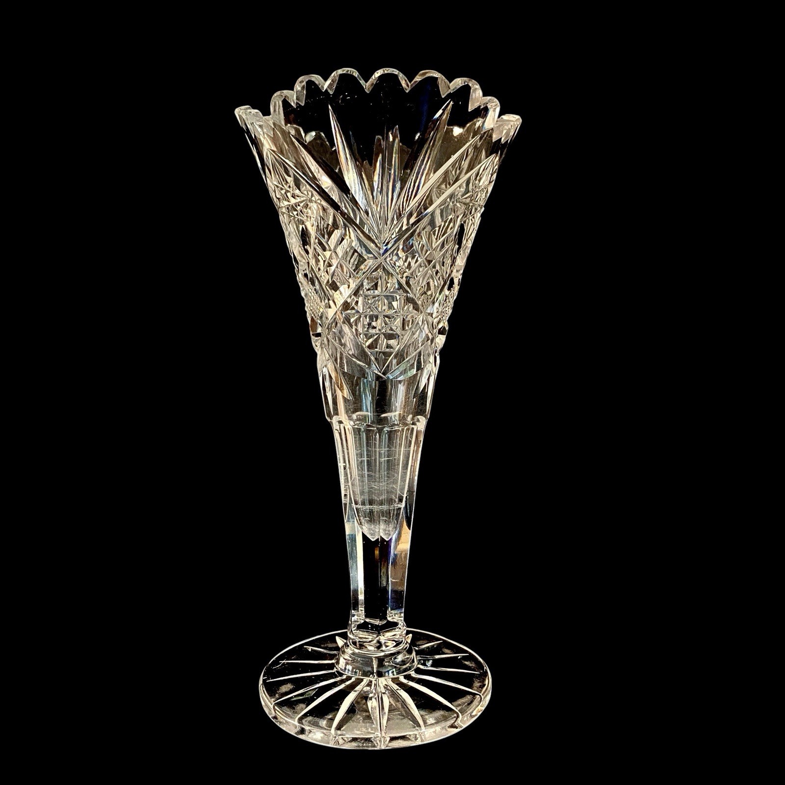 American Brilliant APB Cut Crystal Pedestal Trumpet Vase Sawtooth Buzzcut READ