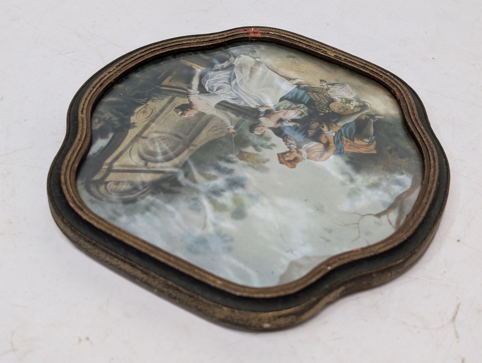 Vintage Framed Romantic Courting Scene Print Convex Glass Wall Plaque 7.5in