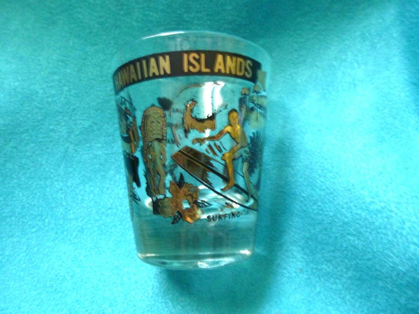 Vintage Hawaiian Islands map Shot Glass Souvenir Black Gold 2.25in