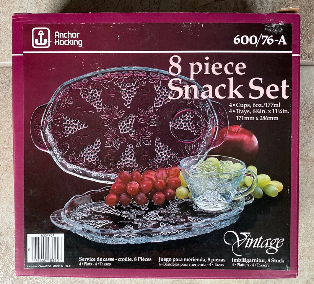 VTG Anchor Hocking 8 Piece Grapvine Snack Set Tray & Teacup Model 600/76-A NEW