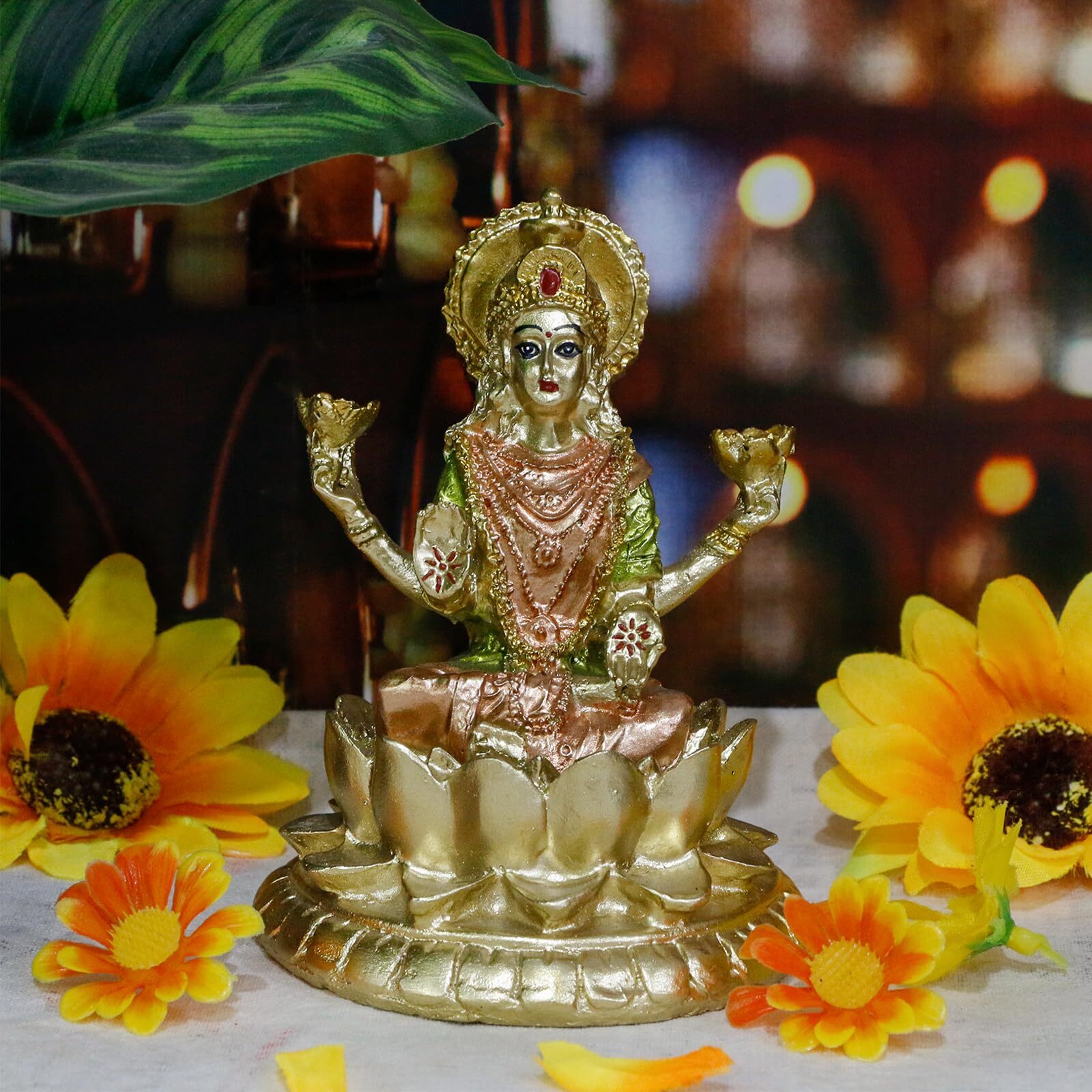 Hindu Goddess Lord Laxmi Statue – 4.4″ H Gold Indian God Lakshmi Figurine for…