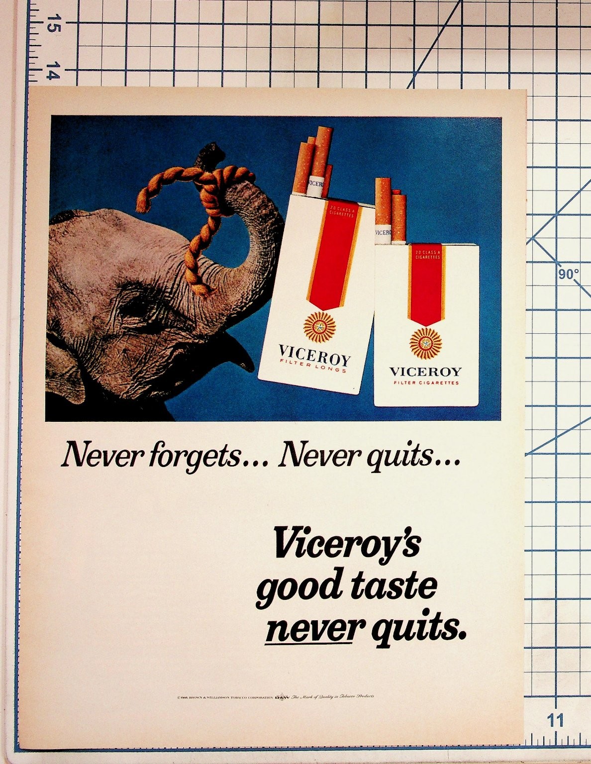 1968 Viceroy Cigarettes Elephant “Never Forgets” Vintage Magazine Ad Tobacco