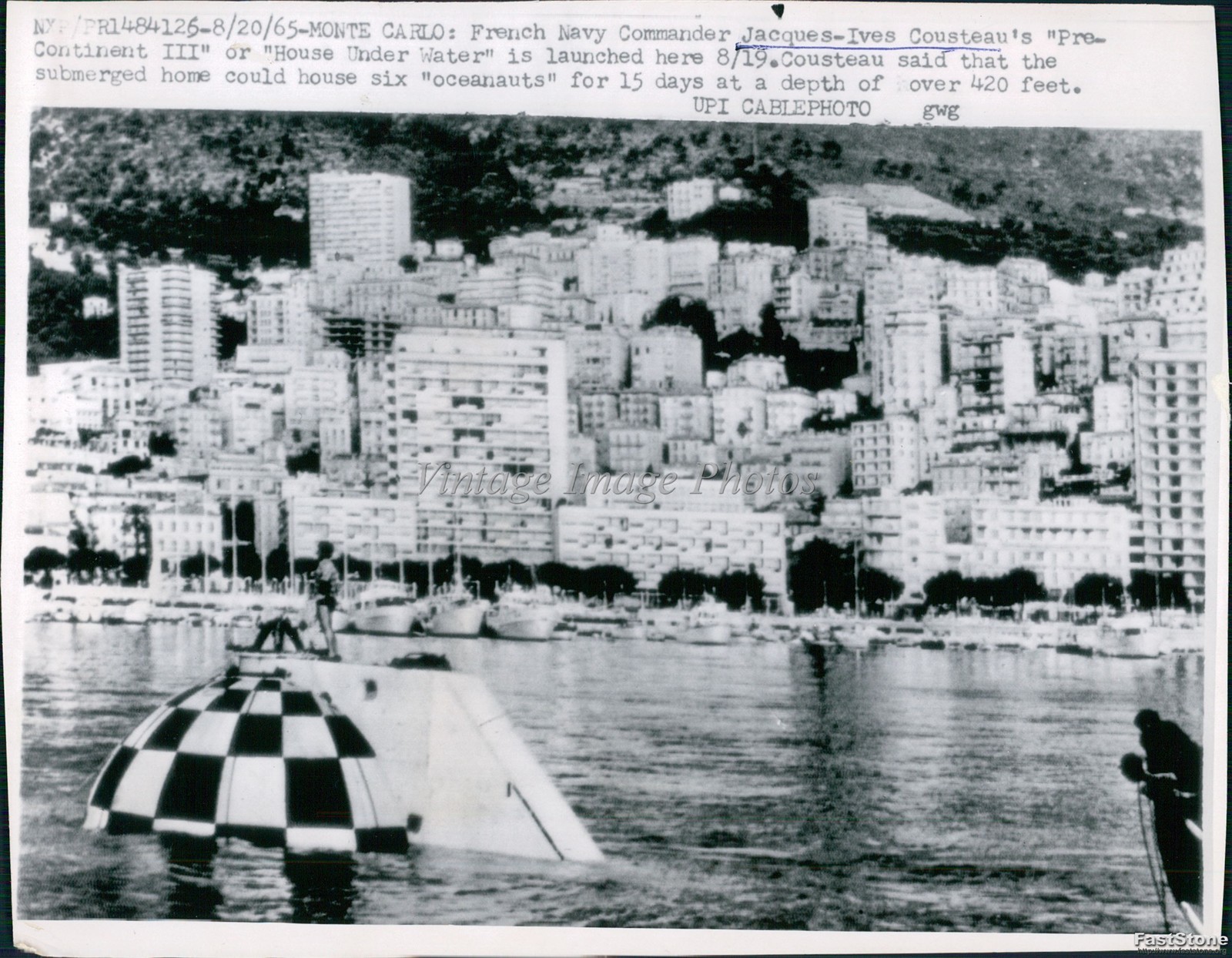 1965 Jacques Ives Cousteau French Navy Commander Carlo Wirephoto 6×8