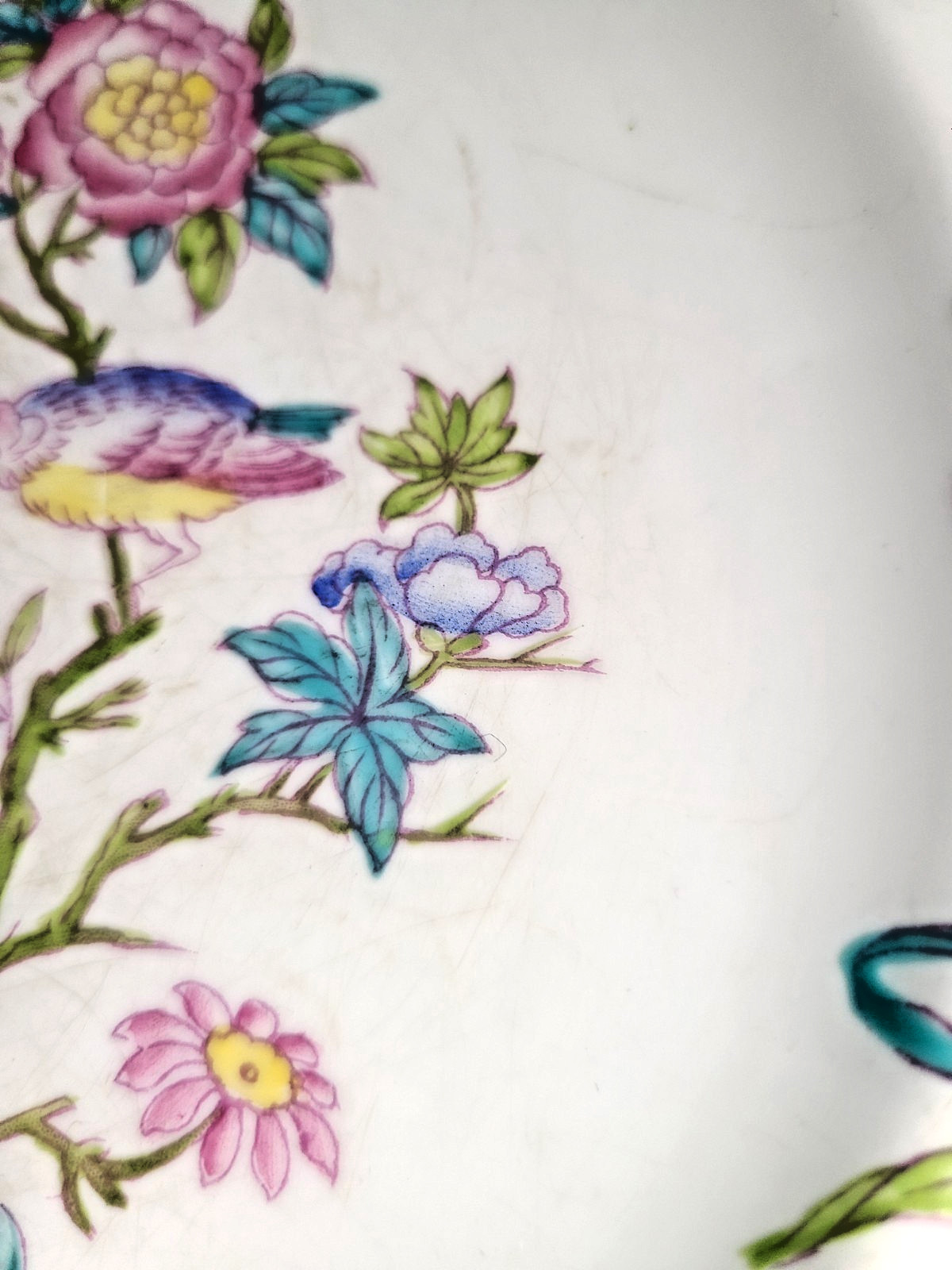 Antique Minton Cuckoo floral pattern scalloped edge dinner plate, MARKING
