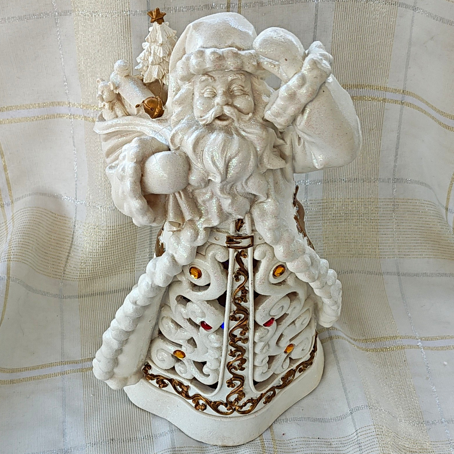White & Gold Santa Figurine 11 in Resin Glitter Lighted Battery AAA Christmas