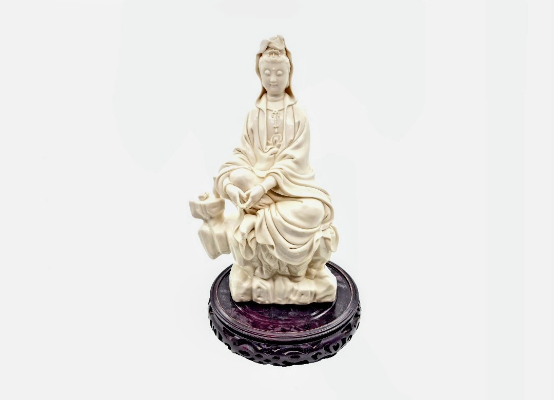 Antique Chinese Dehua Blanc de Chine Porcelain Guanyin Statue-He Chaozong Mark
