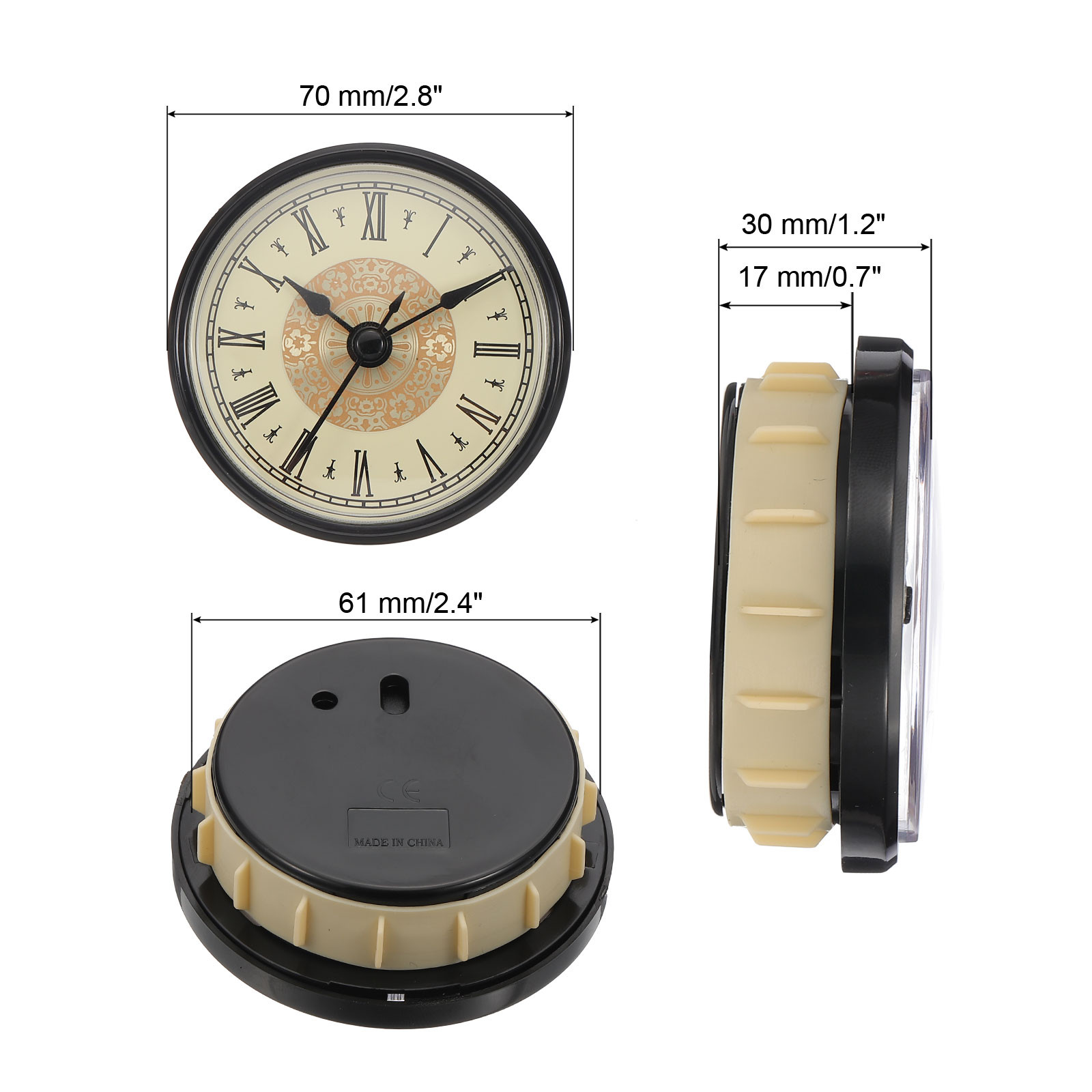 2.8″ 70mm Quartz Roman Clock Insert Fit 61mm/3.1″ Black/Gold Style 6