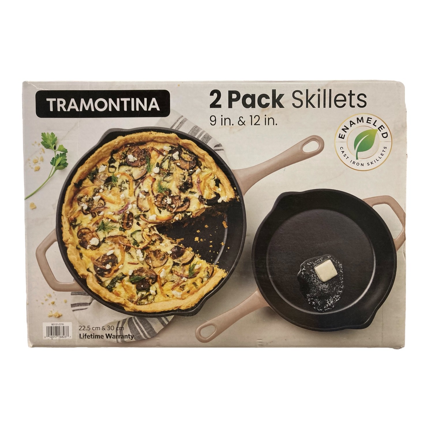 Tramontina Enamel Coated Cast Iron Skillet Set, 2pk, 9″ & 12″ (Dry Sand)