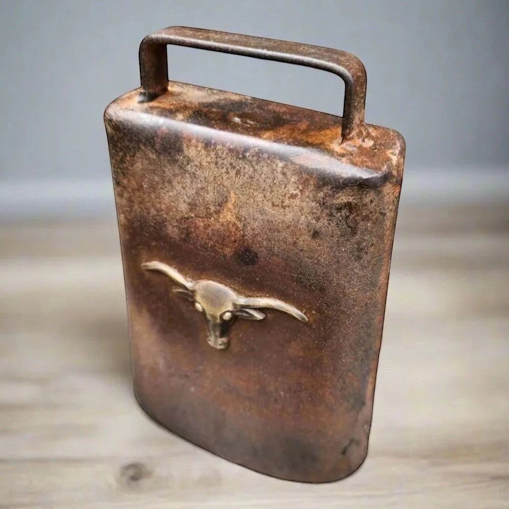 Cow Bell Cast Iron With Raised Steer Head And Vintage Antique Finish (6″ x 4.5″)