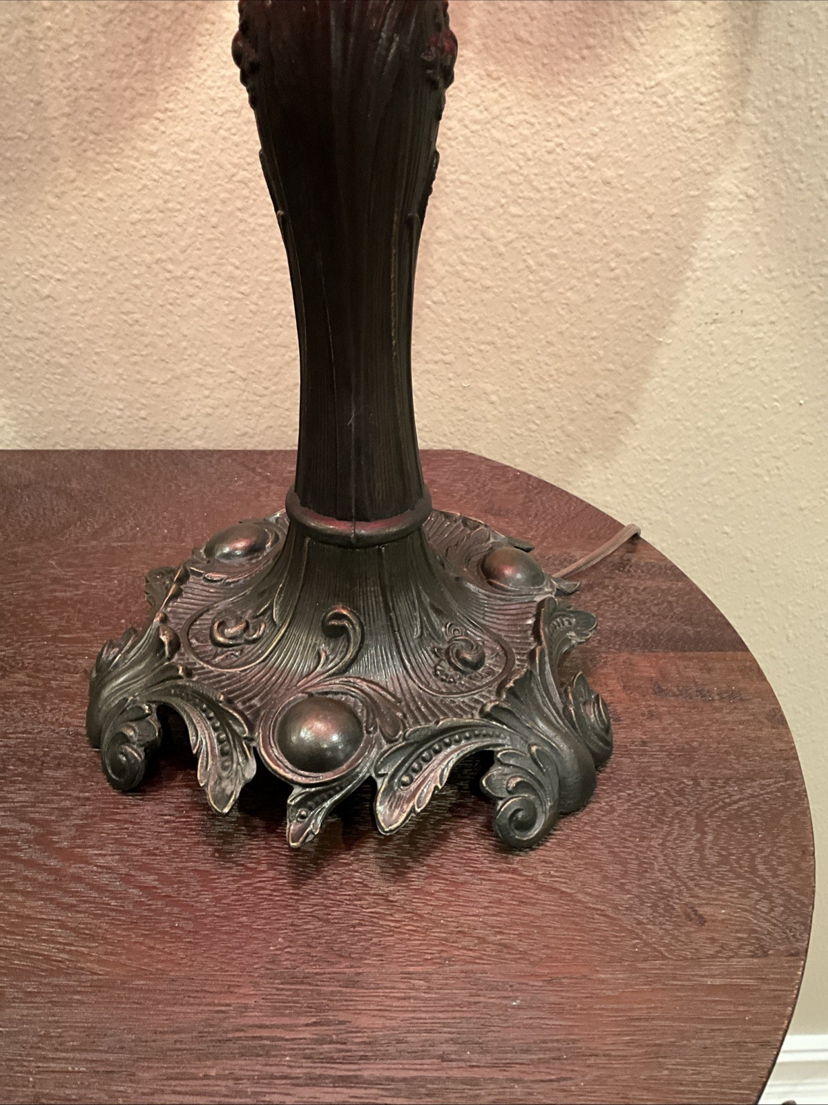 Vintage Victorian Art Nouveau Style Cast Metal Table Lamp Red Fringe Shade