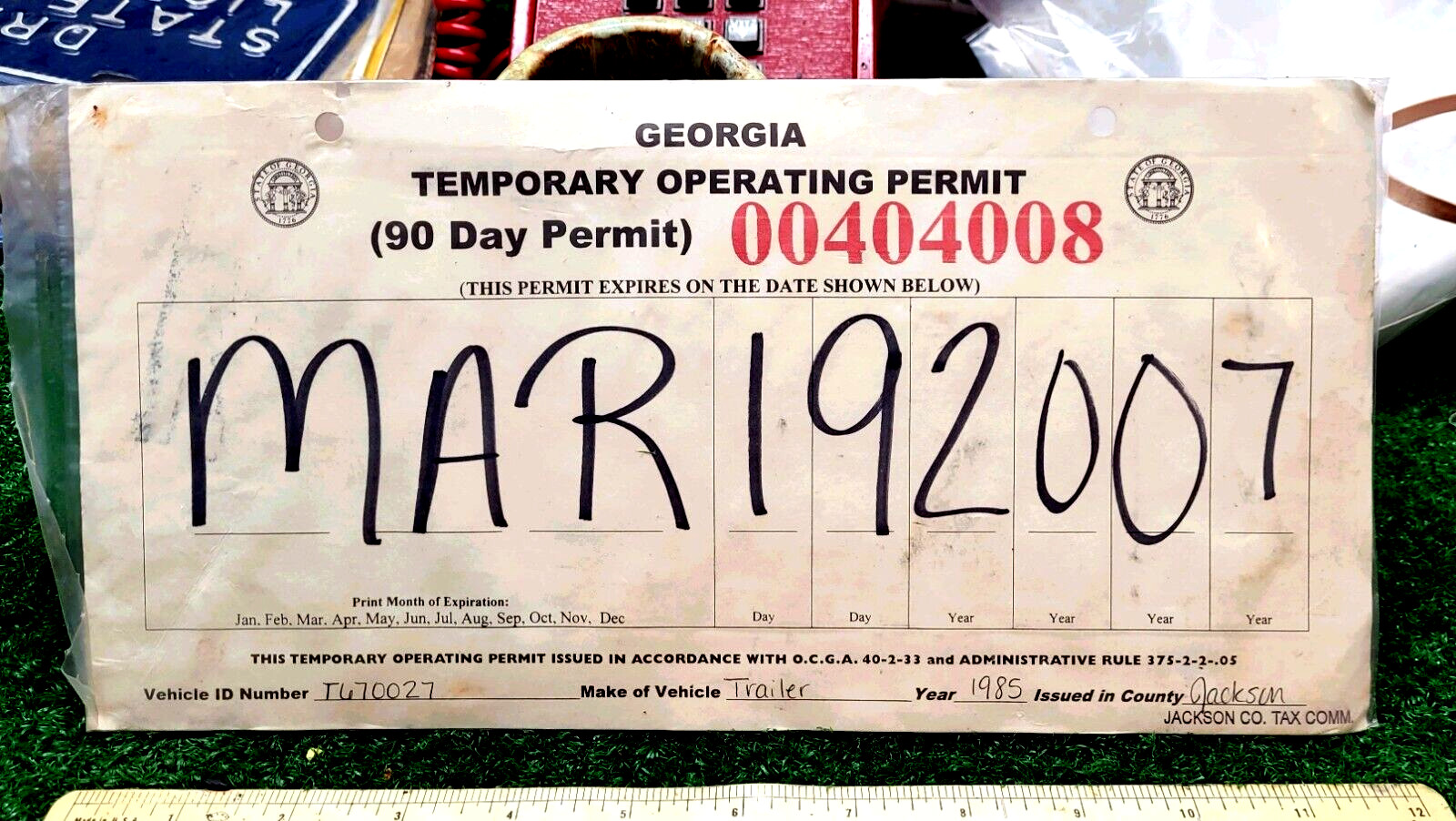 🇺🇸 – GEORGIA – 1985 cardstock TEMPORARY license plate – one of the tough ones!