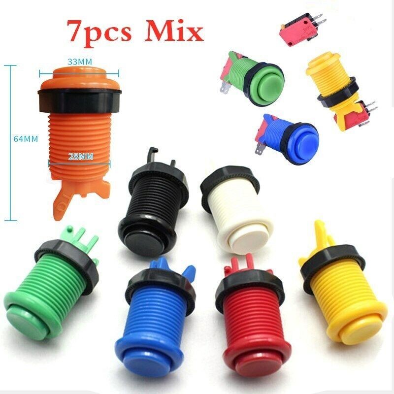 7PCS MIX color HAPP LONG ARCADE PUSH BUTTON , JAMMA, MULTICADE with micro switch