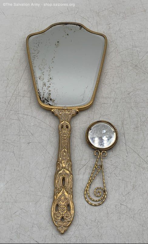 (2) Vintage Gold Tone Handheld Vanity Makeup Mirrors