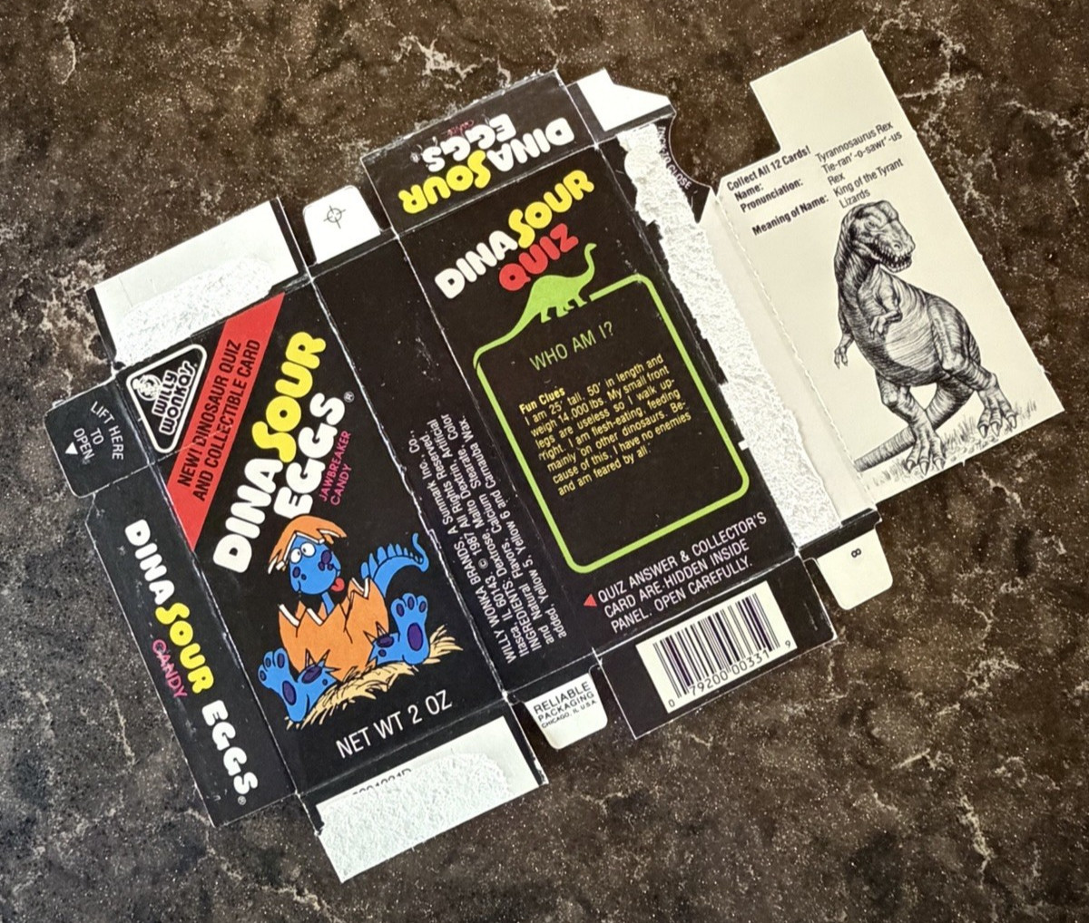 1987 Vintage Willy Wonka Dinasour Eggs Jawbreaker Candy Box T-Rex Dinosaur Card!